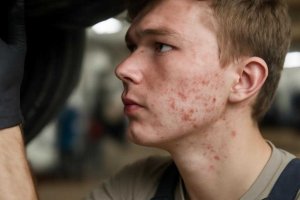 Акне механика у линии роста волос из-за козырьков